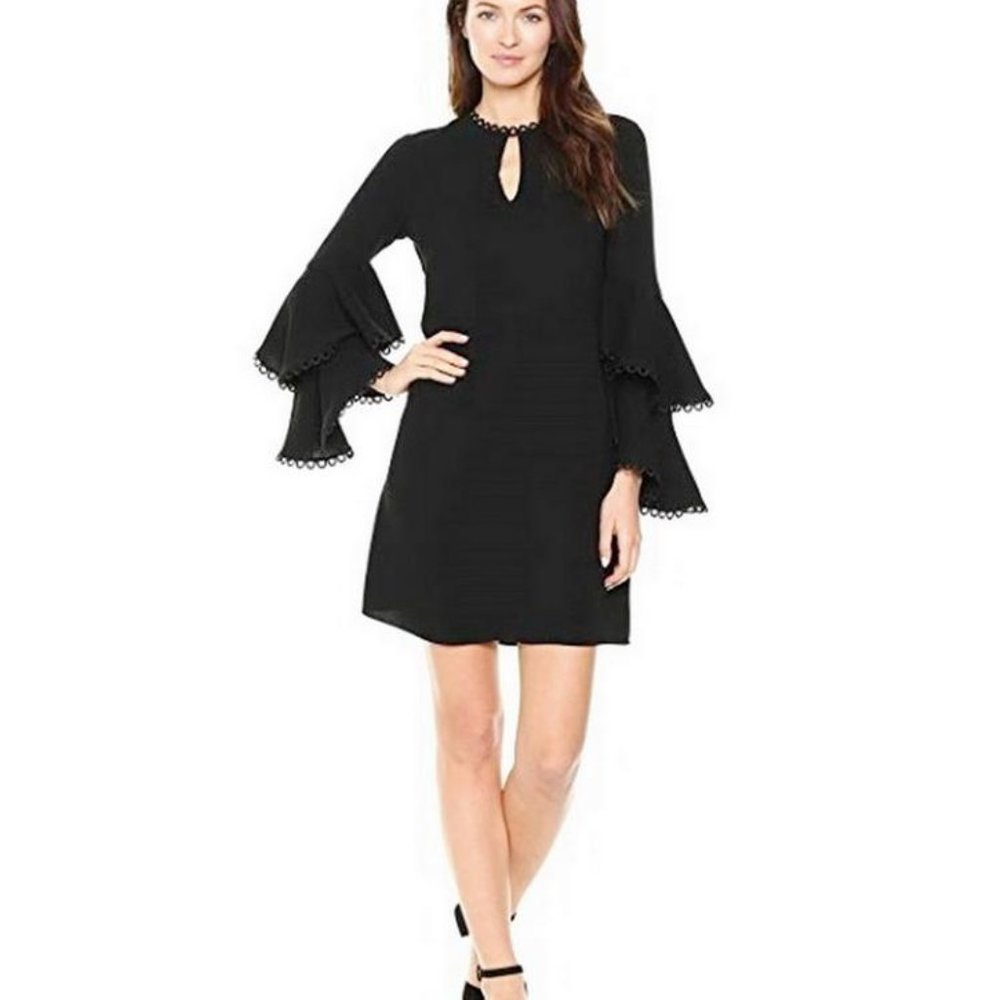 Shoshanna Laced Tiered Bell Sleeve Dress Black 8 - Picture 6 of 11